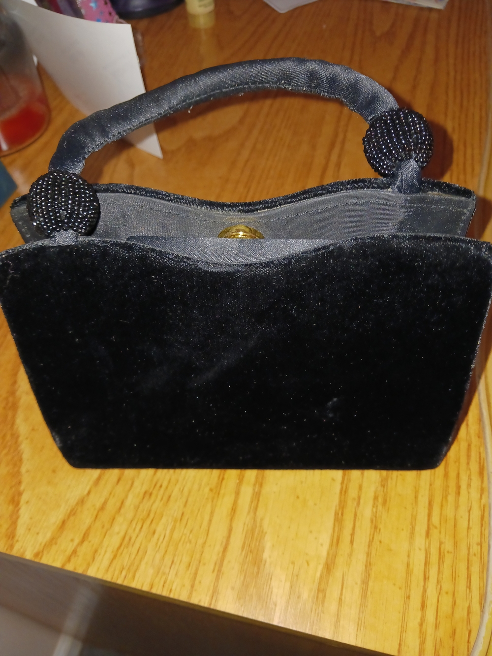 Black Velvet Beaded Handle Evening Bag - Unbranded